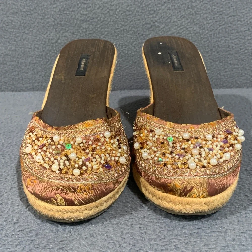 Y2K Fairy Espadrille Wedge Mules Women 8.5 Beaded Brocade Boho Artisan Sandals